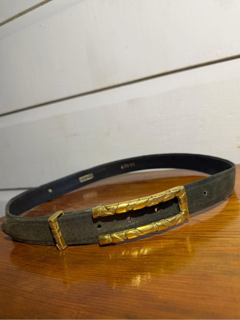 Vintage leather Olive Green Suede Belt with Gold Buckle S/M